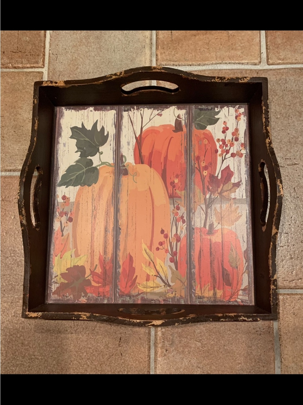Fall Pumpkin Wood Decorative Tray 13.75” X 13.75”